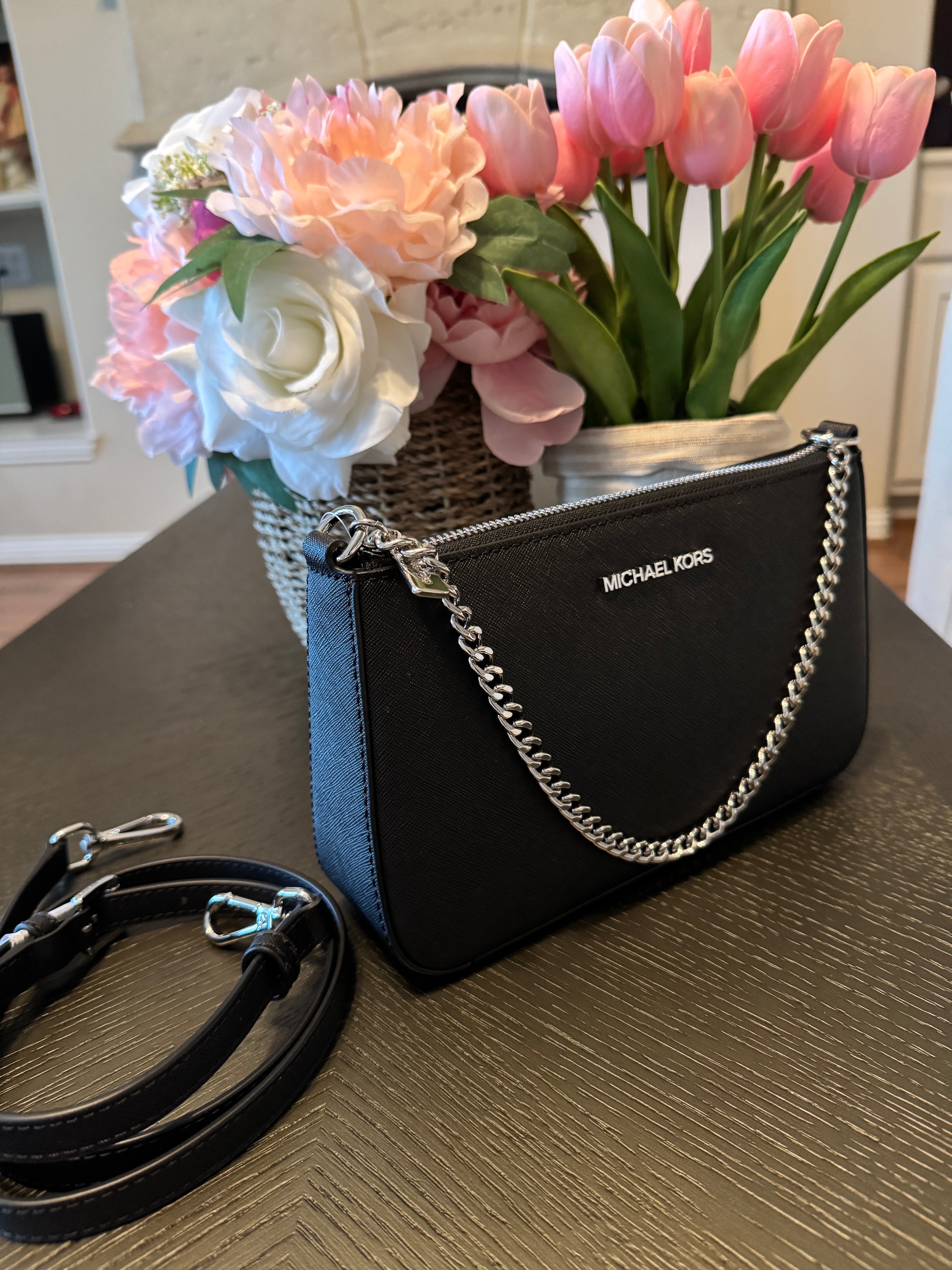 Michael Kors Jet Set Travel Medium Zip Pouchette Black Saffiano Leather Crossbody Bag New With Tags