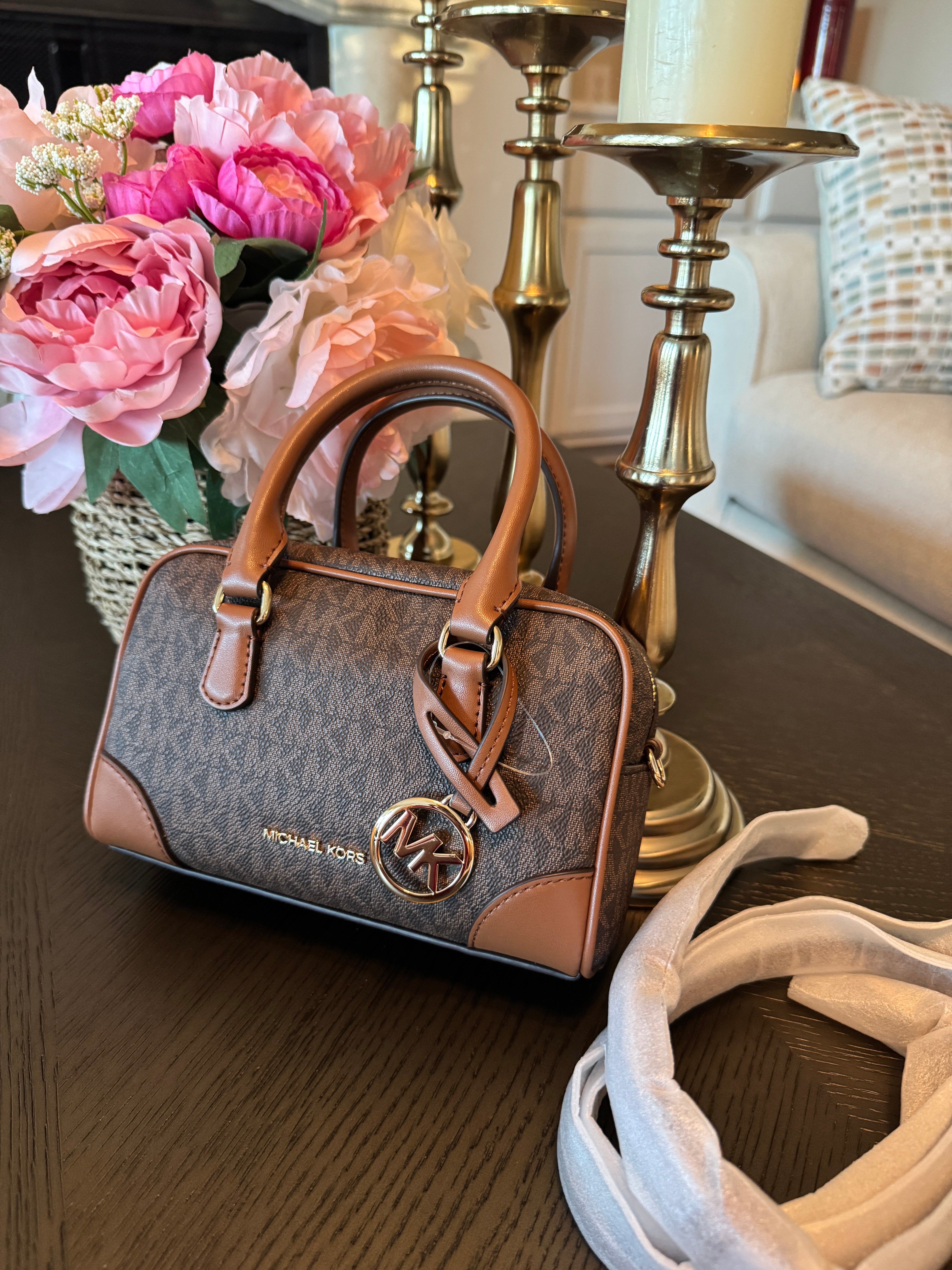 Michael Kors Thompson Extra Small Signature Logo Satchel Brown Convertible Crossbody Bag New With Tags