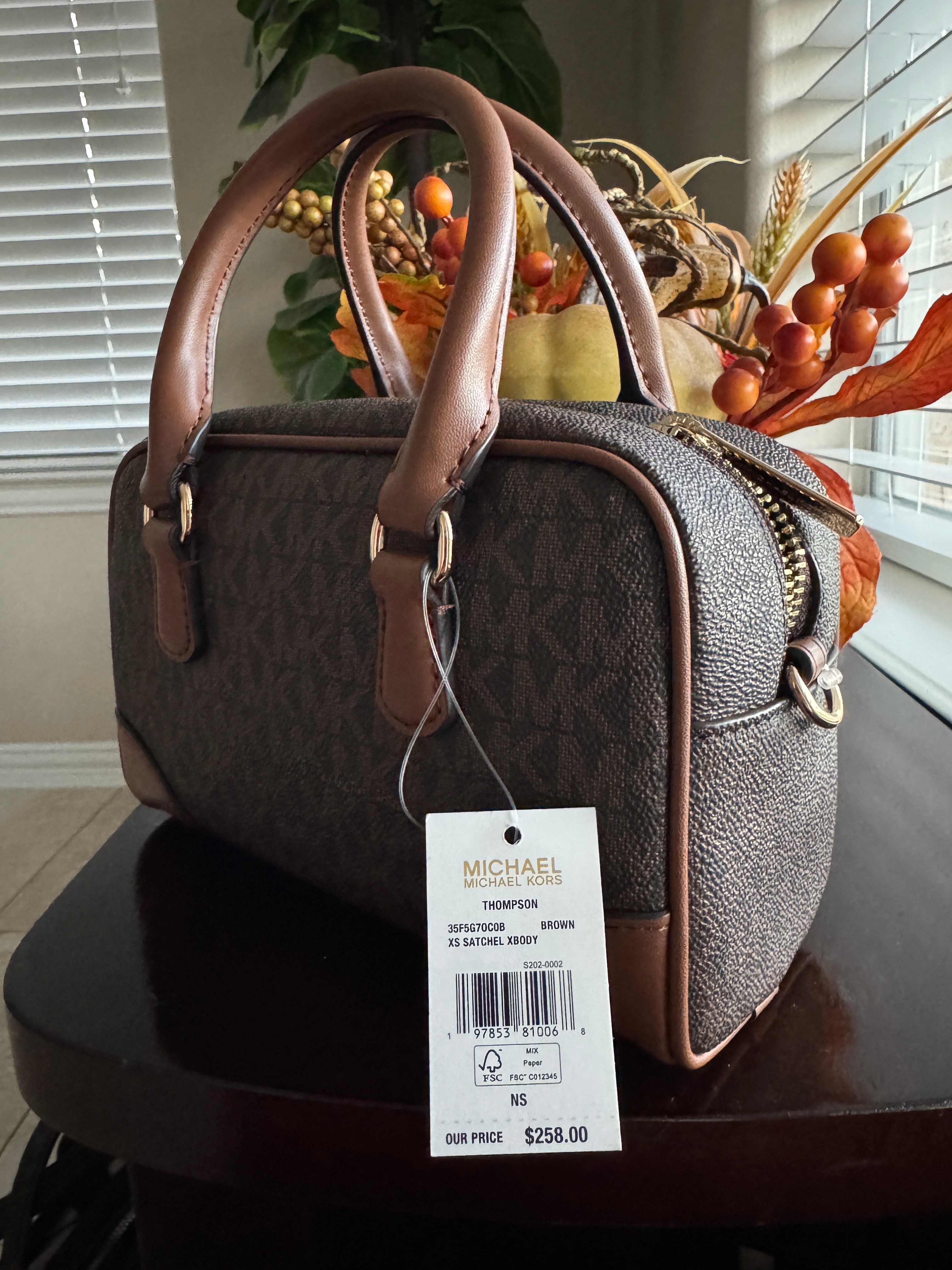 Michael Kors Thompson Extra Small Signature Logo Satchel Brown Convertible Crossbody Bag New With Tags