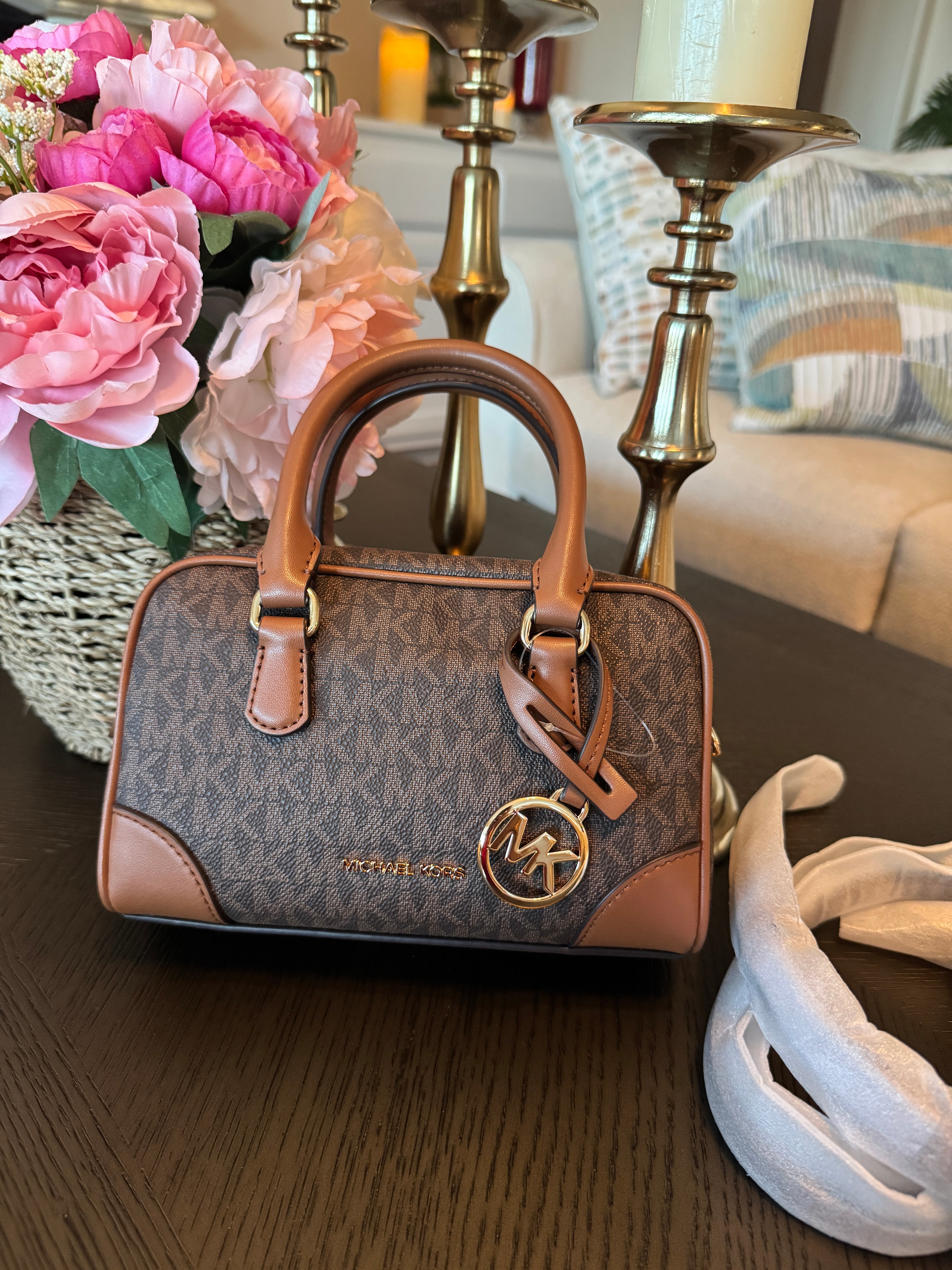 Michael Kors Thompson Extra Small Signature Logo Satchel Brown Convertible Crossbody Bag New With Tags