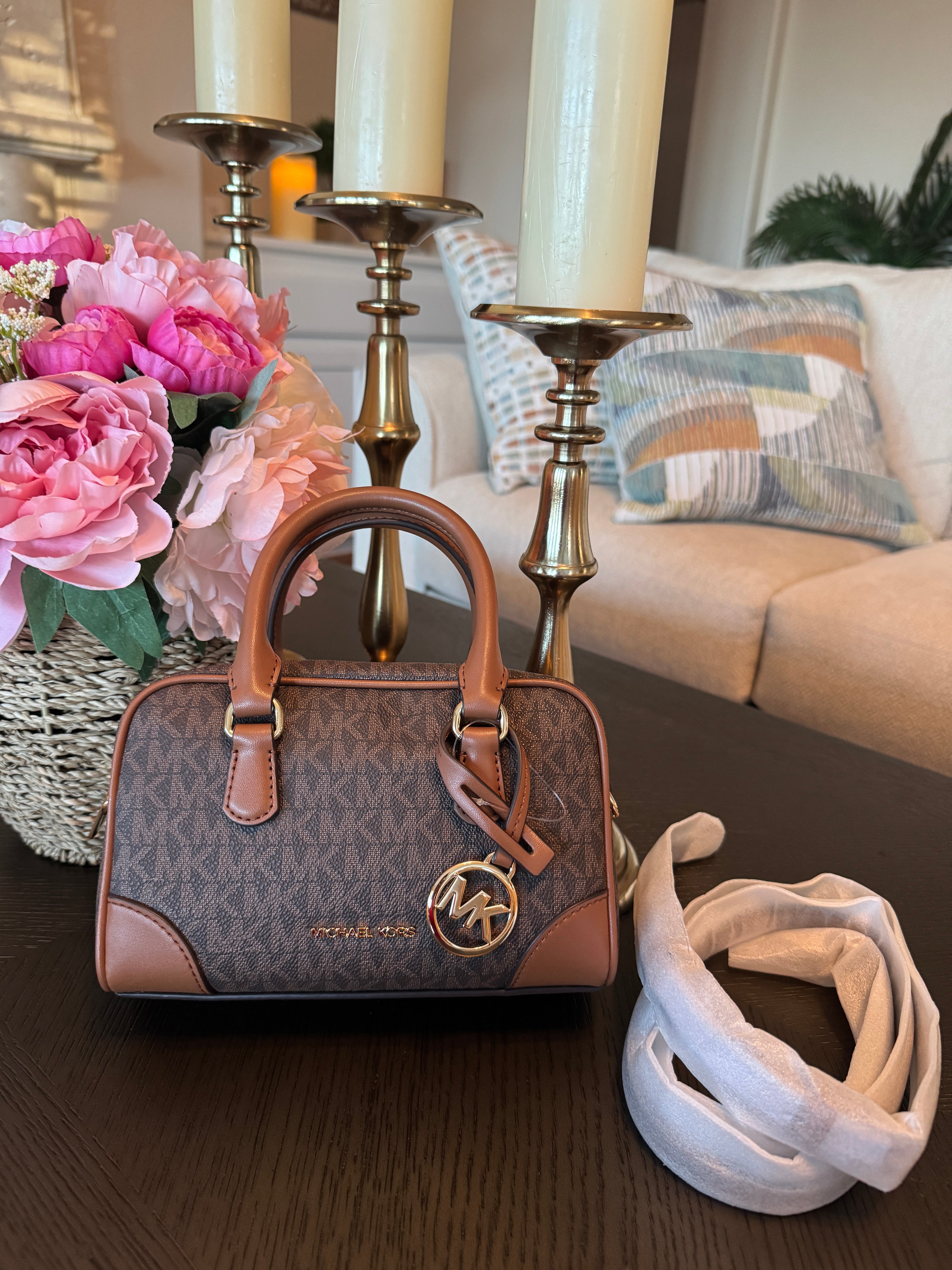 Michael Kors Thompson Extra Small Signature Logo Satchel Brown Convertible Crossbody Bag New With Tags