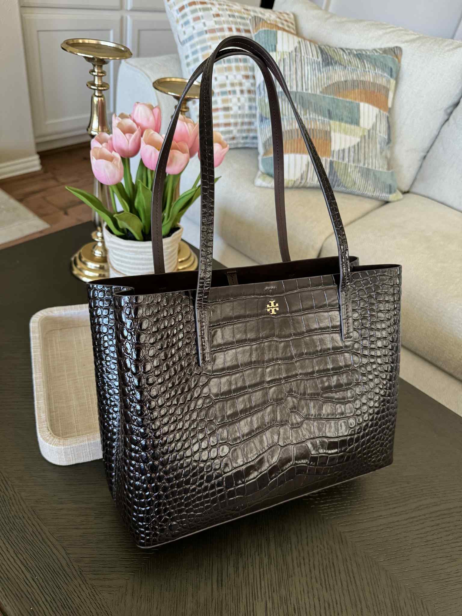 Tory Burch Blake Small Embossed Leather Tote Dark Mahogany Brown Croc Print New With Tags