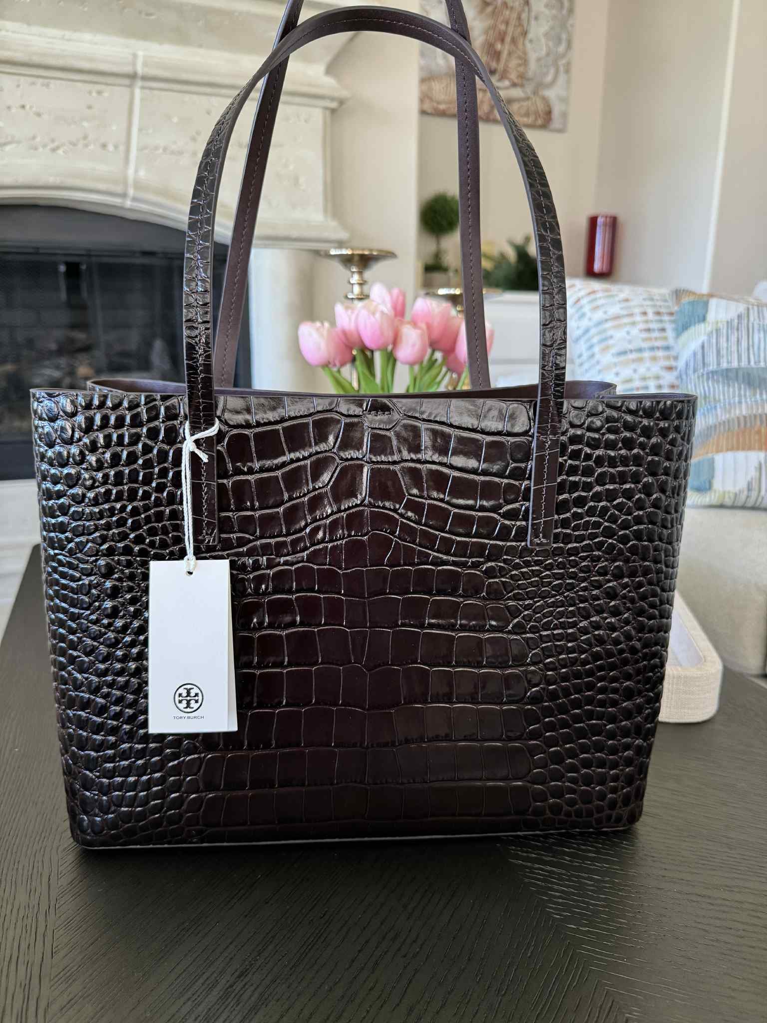 Tory Burch Blake Small Embossed Leather Tote Dark Mahogany Brown Croc Print New With Tags