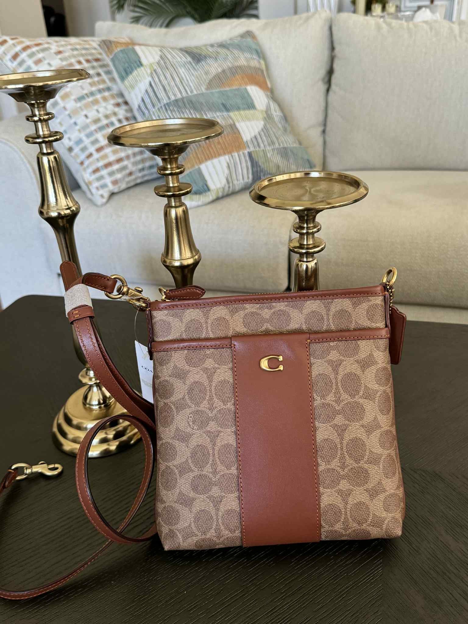 Coach Kitt Messenger Crossbody Tan Caramel Signature Canvas Colorblock Bag New With Tags