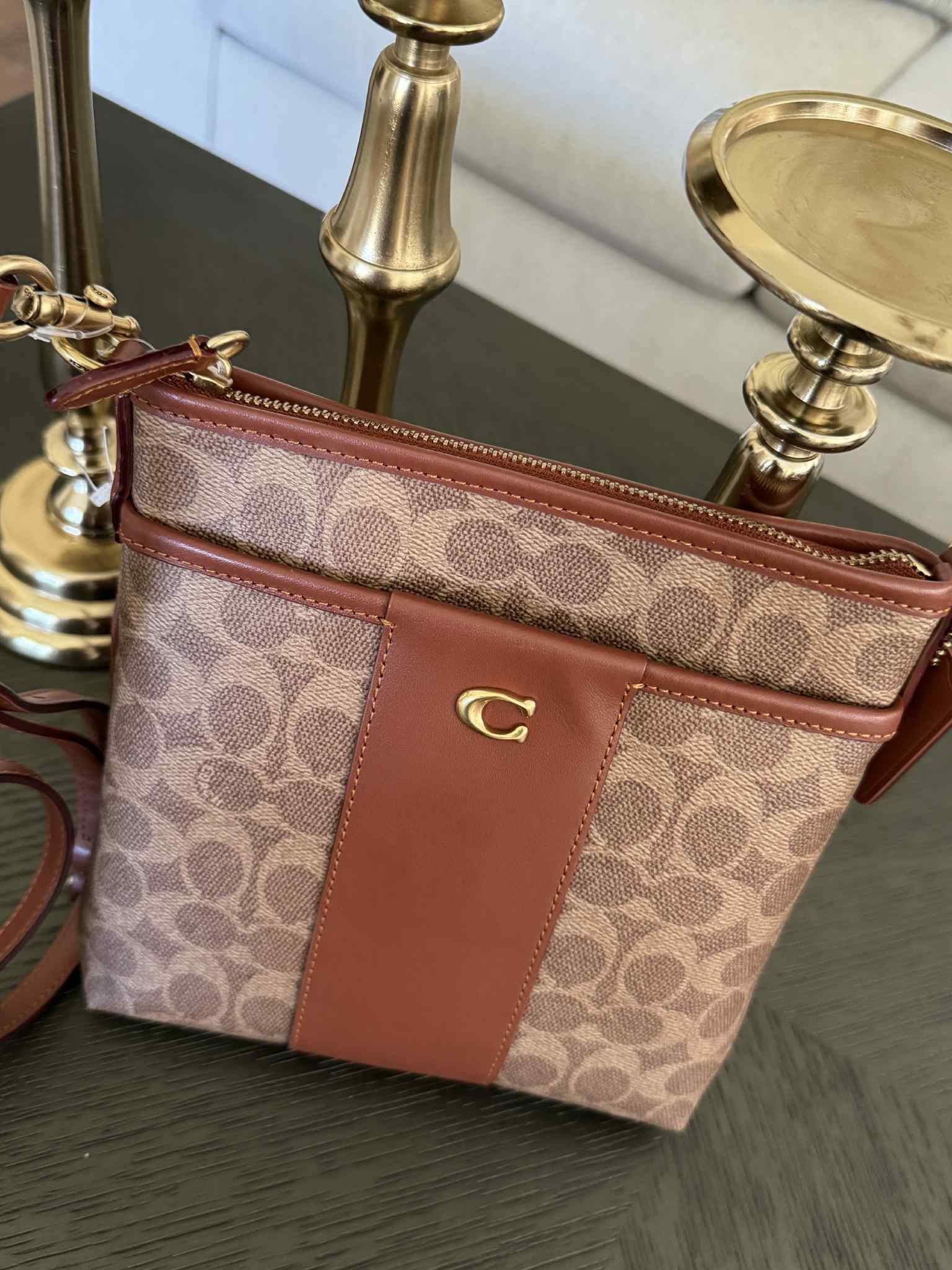 Coach Kitt Messenger Crossbody Tan Caramel Signature Canvas Colorblock Bag New With Tags