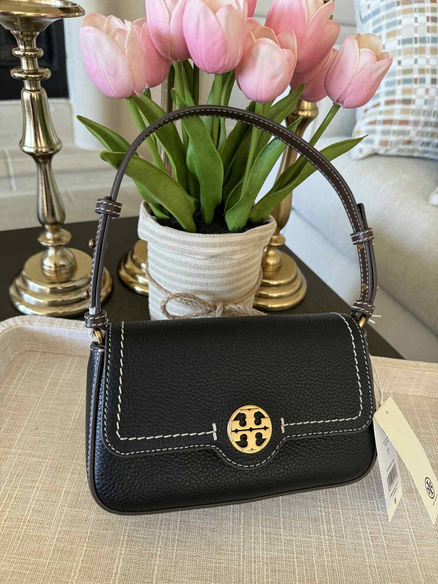 Tory Burch Miller Shoulder Bag Black Pebbled Leather Structured Handbag New With Tags