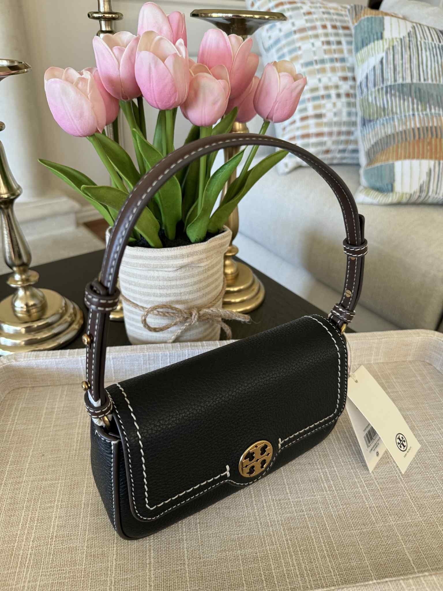 Tory Burch Miller Shoulder Bag Black Pebbled Leather Structured Handbag New With Tags